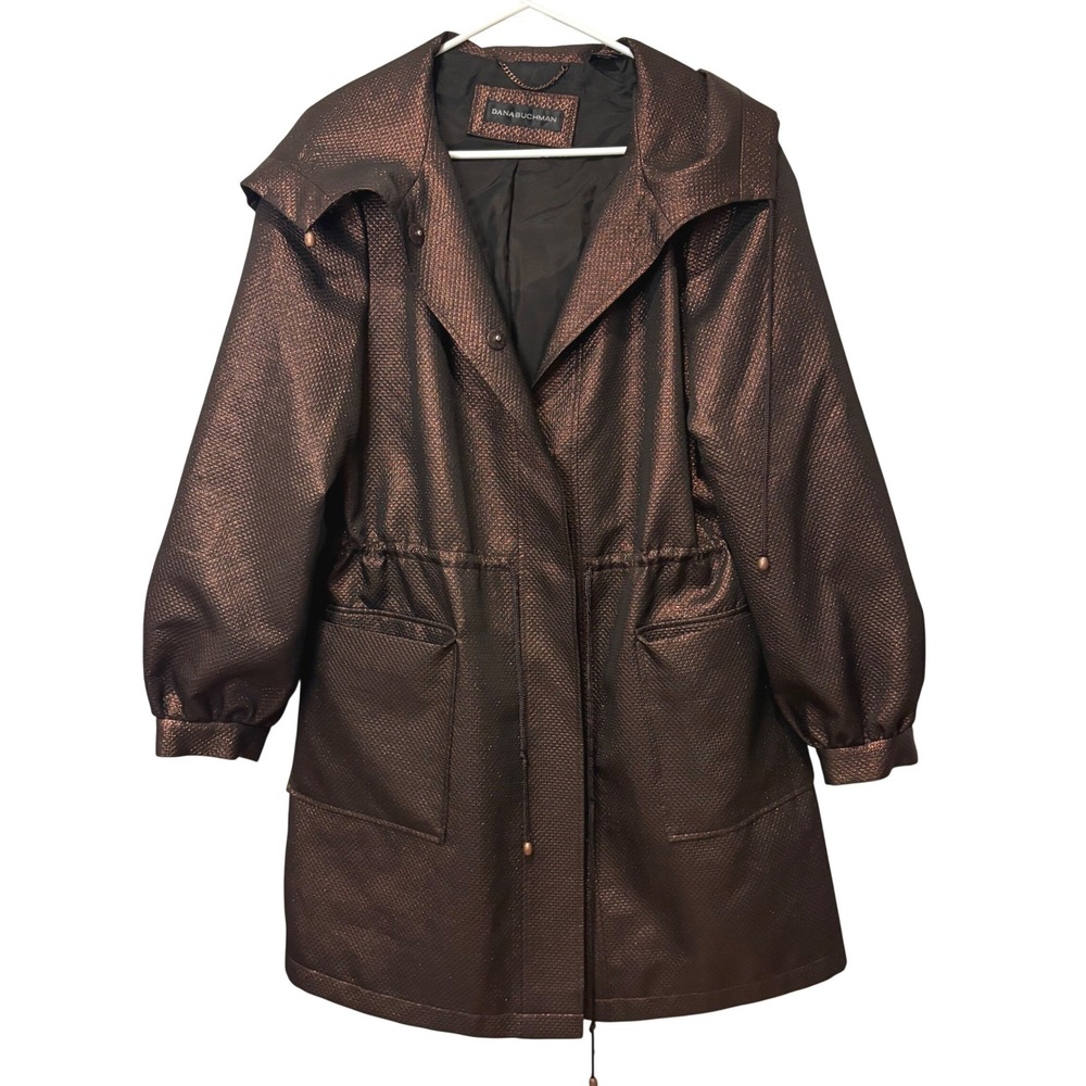 Dana Buchman Parka Jacket Women L Bronze Metallic Textured Hooded Drawstring